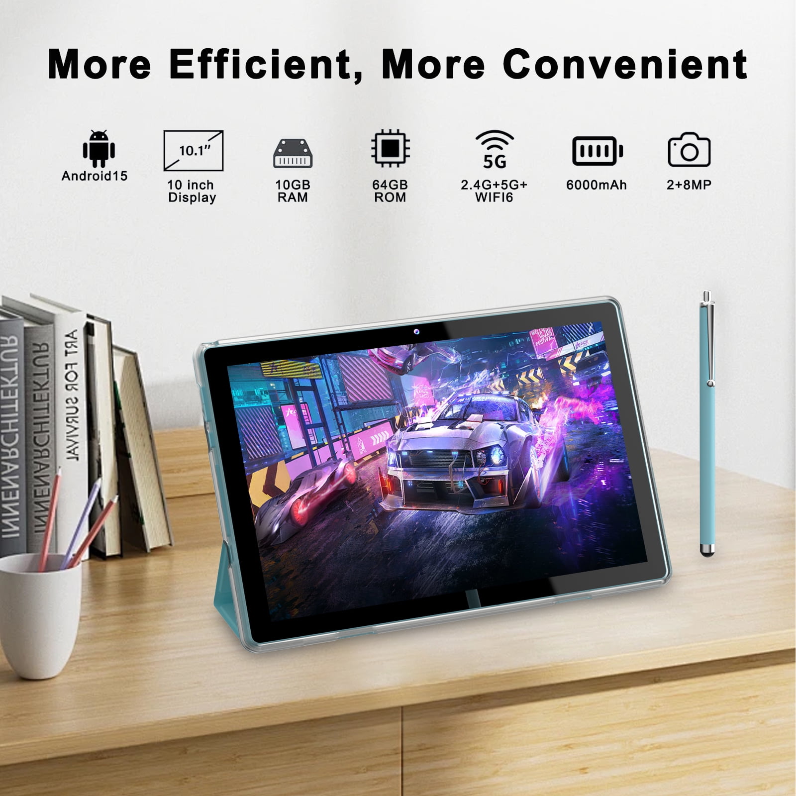 Peicheng 10" Android 15 Tablet, 10(4+6Expand)GB RAM+64GB ROM Tablet Kit with Protective Case/Stylus, 2+8MP Dual Camera, 6000mAh Battery (1set, Silvery-blue)