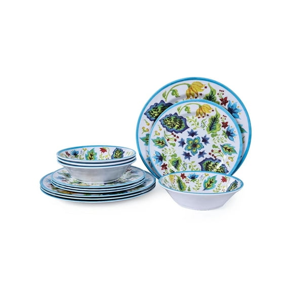 Cynnix 12 Piece Dinnerware Sets for 4,Melamine Plates and Bowls sets, Flower Pattern