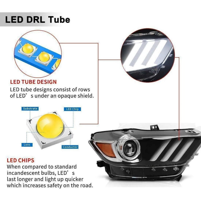 Yibei-tech LED Tube Projector Headlights Pair For 2015-2017 Ford Mustang Black