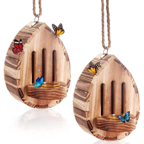 2 Pcs Butterfly House Wooden Butterfly Habitat with Feeder Hanging Garden Decoration Natural Nesting Box for Butterflies Bugs, Butterflies, Moths, Lacewings(Water Drop Style)