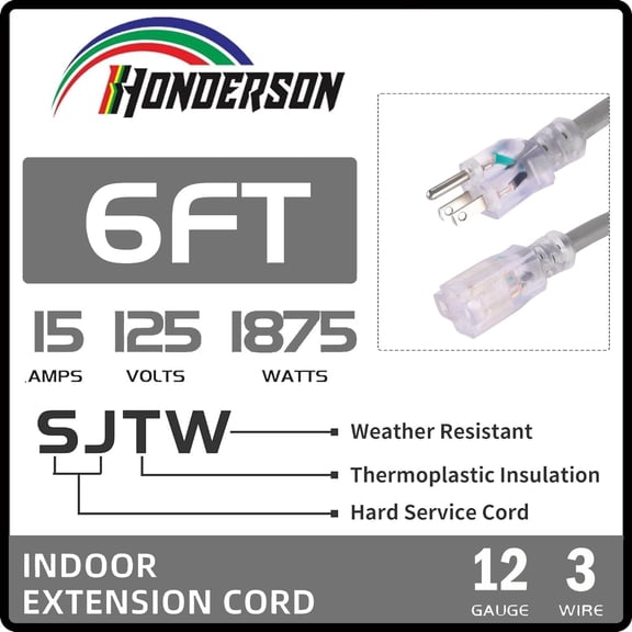 OTGFRF-Indoor Outdoor Extension Cord Weatherproof with Lighted End, UL Listed, 12 Gauge 6FT Grey 3 Prong Heavy Duty, 12/3 SJTW 15A Power Cord for Outdoor Lights, Lawn