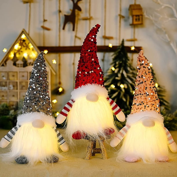 Juego de 3 gnomos navideños con purpurina con luz, gnomos navideños suecos de felpa hechos a mano de 30 cm con sombrero con purpurina, adornos de decoración de elfos navideños, para regalo de Acción de Gracias, decoración de mesa navideña brillar Electrónica