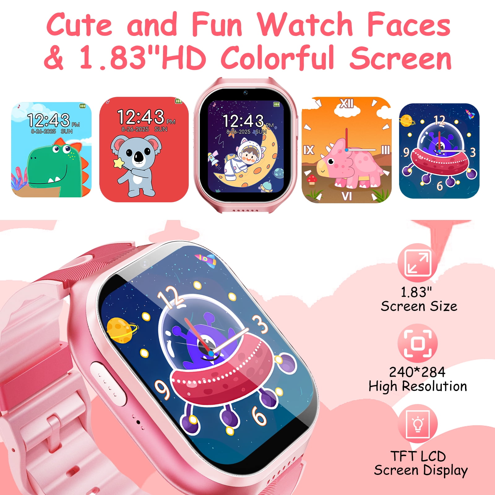 Kids Smart Watch for Boys Girls, 1.83"HD Smartwatch for Kids with Habit Tracker, 26 Games, Video Camera Music Player Pedometer Alarm Clock, Waterproof Smartwatches, Boys Girls Birthday Gift Pink