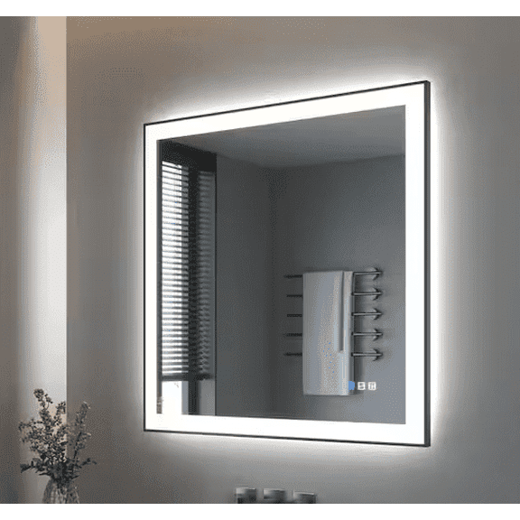 40x32 Inch Rectangular Framed LED Anti-Fog Wall Bathroom Vanity Mirror in Black with Backlit and Front Light