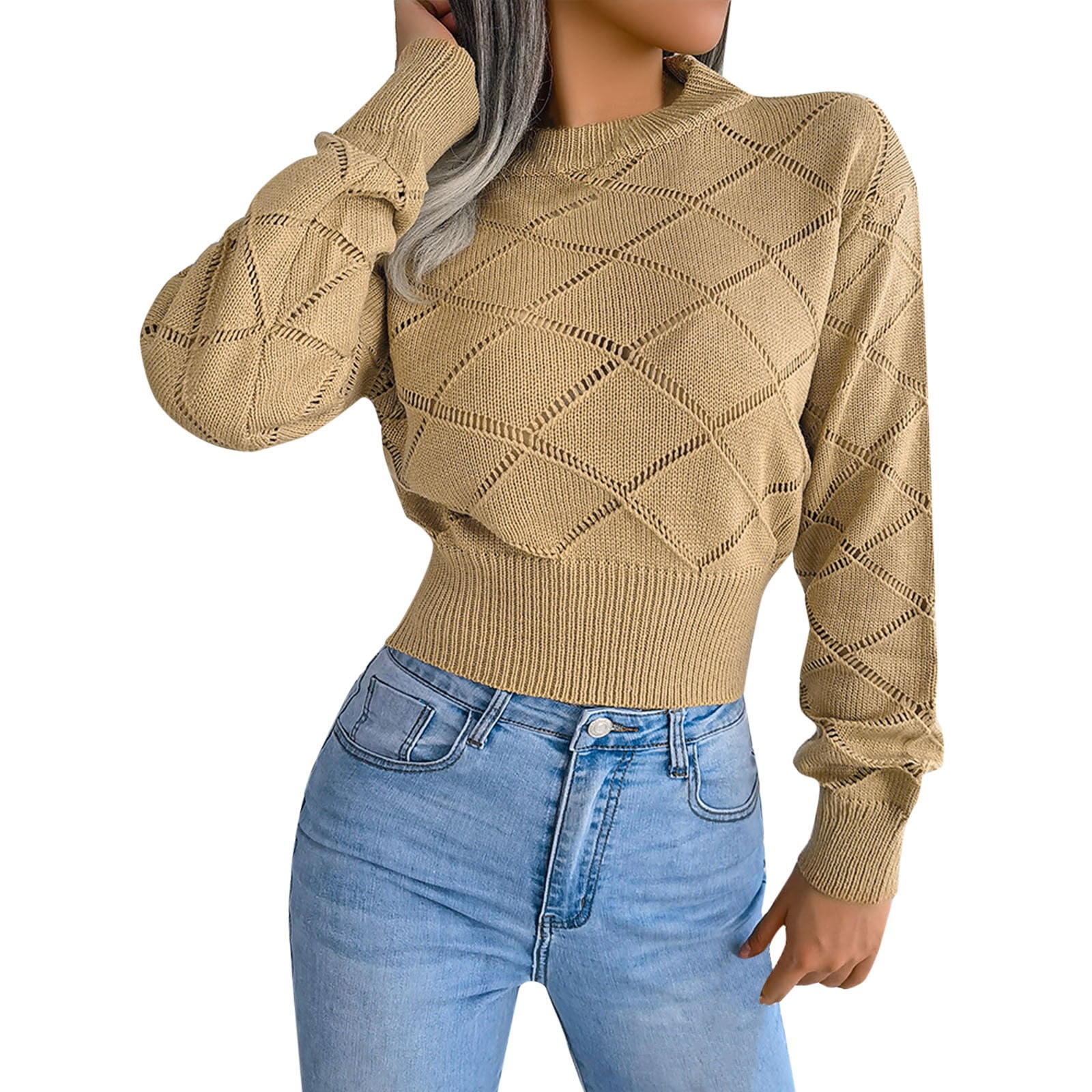 Women's Cropped Sweater Fall Winter Long Sleeve Knit Pullover Crop Tops