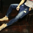 thumbnail image 3 of SWSMCLT Men's Straight Fit Faded Jeans Chic Ankle Length Tapered Leg Denim Pants Fashion Casual Stretch Cotton Light Ripped Destroyed Distressed Slim Fit Mid Rise Blue 32, 3 of 5