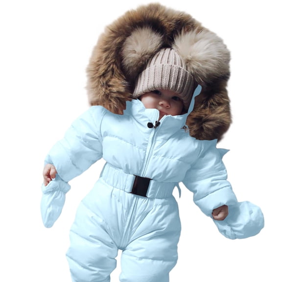 Coerni Baby Winter Puffer Snowsuit Faux Fu𝐫 Hooded Down Outfits Elastic Waist Warm Zip Up Quilted Onesie Ski Jacket