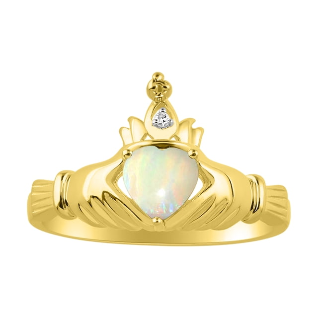RYLOS Rings 14K Yellow Gold Claddah Love, Loyalty & Friendship Ring Heart 6MM Gemstone & Diamond Claddagh Rings October Opal Jewelry Size 11