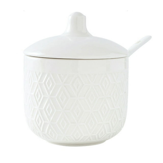 Nordic Sugar Bowl With Lid, Colorful Embossed Lattice Storage Jar, Solid Color Porcelain Sugar Pot, Salt Pot, For Coffee Bar, Restaurant-white-9x8x11.5cm