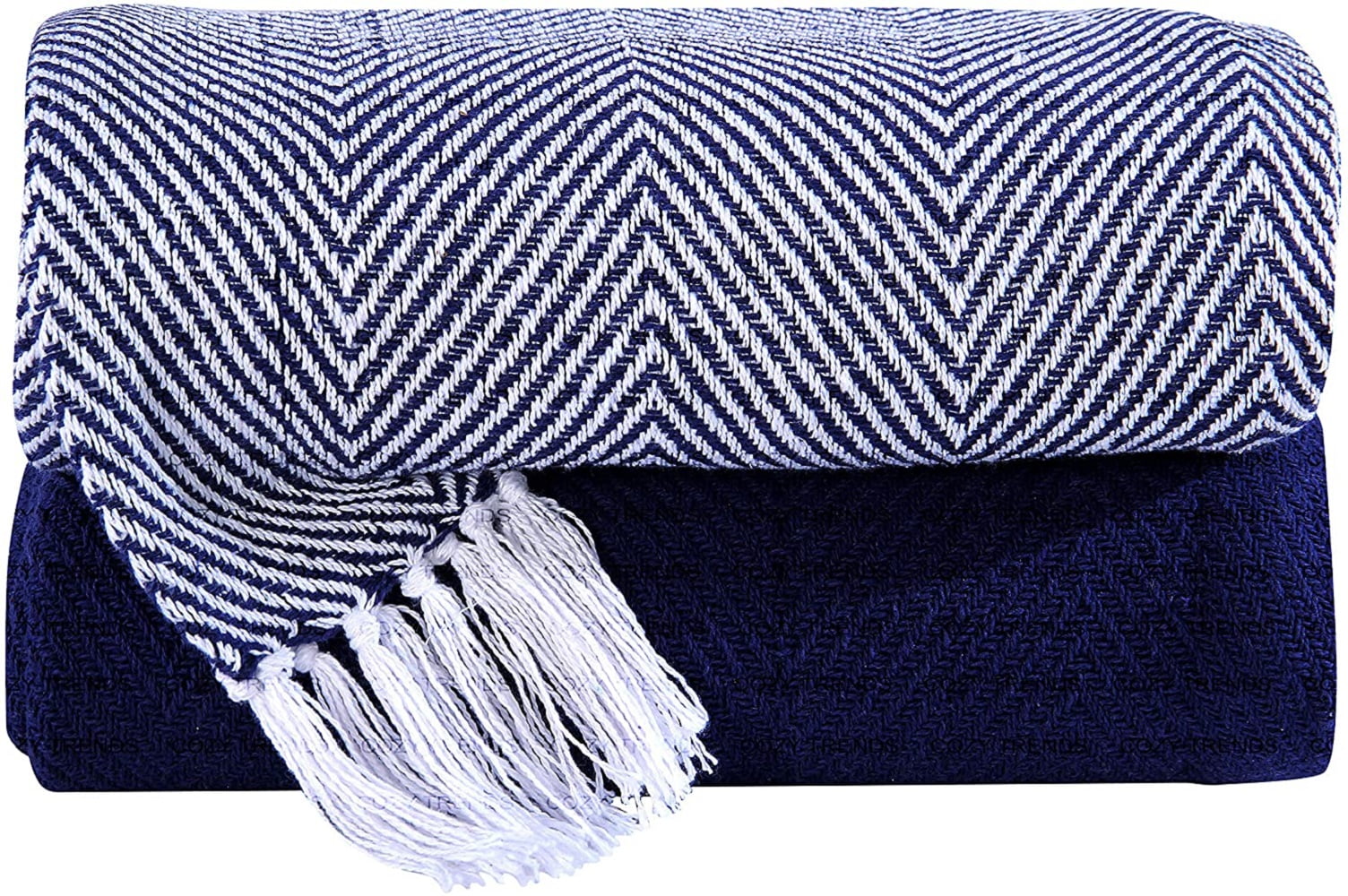 Navy and White Chevron Cotton Throw Blanket Set