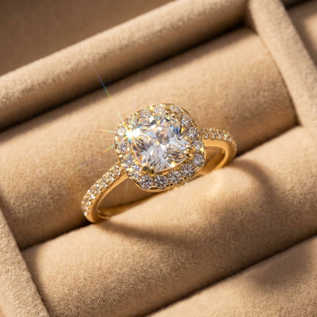 Vinali Solid 14K Yellow Gold Cushion Halo Engagement CZ Ring for Women Size 5