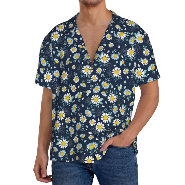 Fotbe Daisy Floral B Camisa Estampada de Manga Corta para Hombre, Casual de Verano, Estilo Playero, Sin Arrugas-X-Large