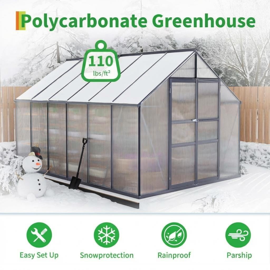 12x8ft Heavy Duty Walk-in Greenhouse, Aluminum Frame & Twin Wall Polycarbonate Panels, Ventilated with Rain Gutter System for Backyard & Patio Gardening