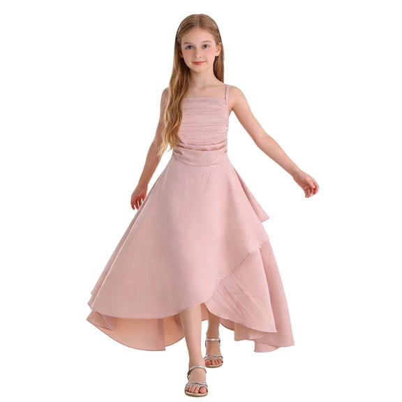 Quealent Junior Bridesmaid Dresses for Wedding A Line Chiffon Flower Girl Dress Ruffles Girls Formal Dresses (Pink, 9-10 Years)