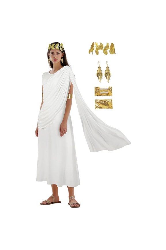 Statue of Liberty Greek Goddess Costume, White Long Dress, Halloween Cosplay Outfit