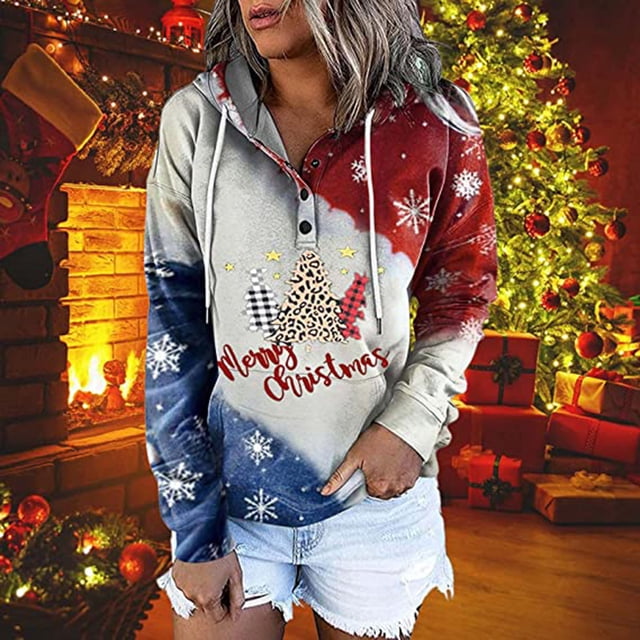 Qertyioot Chandail en Molleton d'Hiver pour Femmes Imprimé de Noël, Manches Longues Décontracté Col Rond Mode Pull