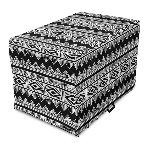 Monochrome Dog Crate Cover, Zigzags Polka Dots Stripes and Dashes Native Style Illustration, Easy to Use Pet Kennel Cover Small Dogs Puppies Kittens, 7 Sizes, Charcoal Grey and White, by Ambesonne