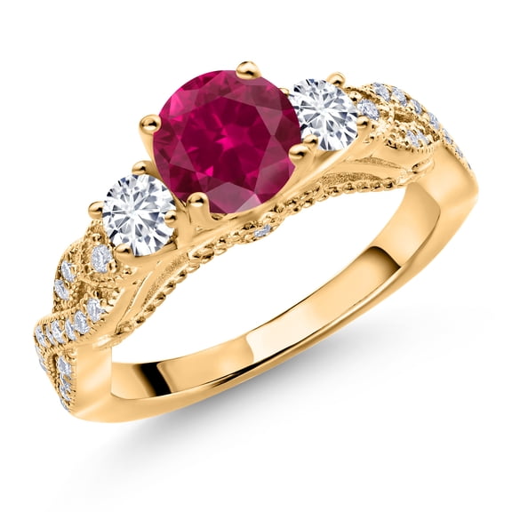 Gem Stone King 18K Yellow Gold Plated Silver Red Created Ruby White Lab Grown Diamond and White Moissanite Engagement Ring for Women (1.47 Cttw, Gemstone July Birthstone, Round 6MM and 3MM, Size 6)