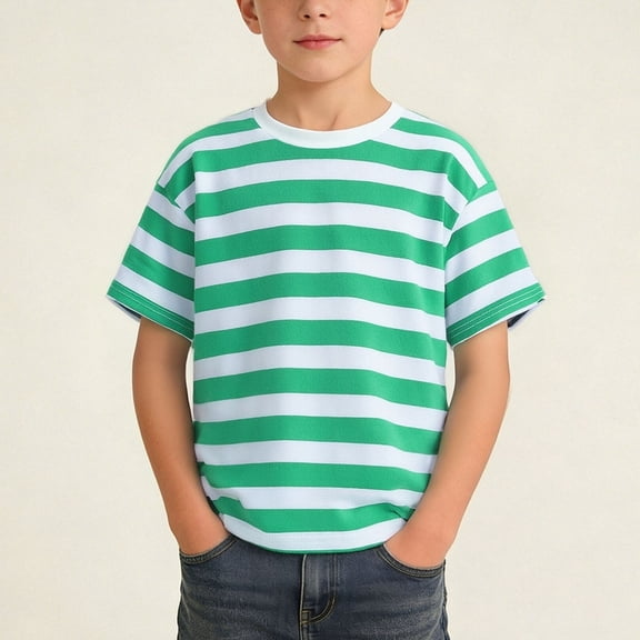 Boys Mint Green Striped Cotton Crew Neck Short Sleeve T-Shirt Soft Breathable Durable for School Summer Size 1-14,Size 5-6 T