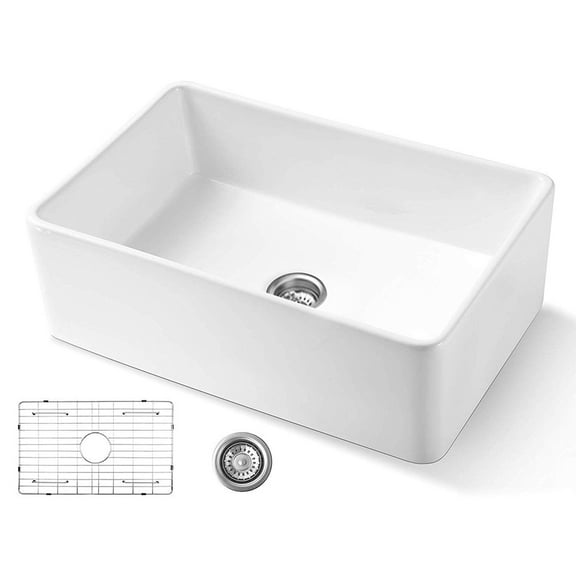 30 inch White Farmhouse Sink, Fireclay Porcelain Single Bowl Apron-Front Kitchen Sink, Reversible Ceramic Farm Sink with Strainer & Protective Bottom Grid