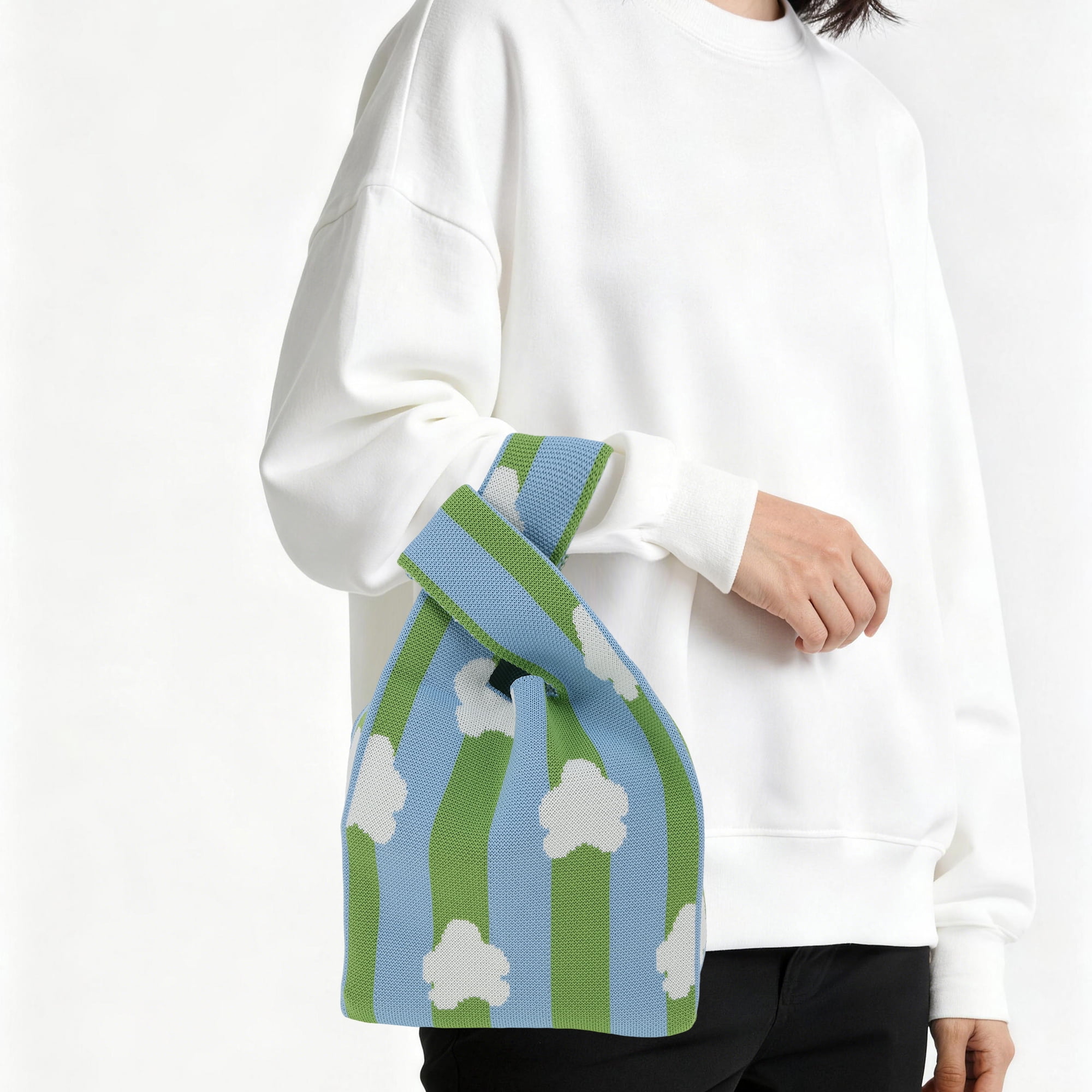 Unique Bargains Stripe Flower Knitted Wrist Bag Green Blue White 1 Pc