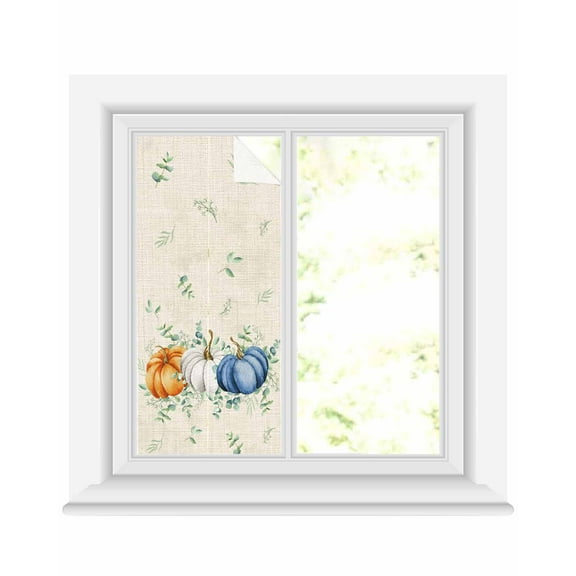 Window Privacy Film, Blue White Orange Fall Sun Blocking Window Tint Film Heat Control One Way Blackout Window Film, Thanksgiving Eucalyptus Leaves Retro Beige Non Adhesive Static Cling 17.7x39.3 In