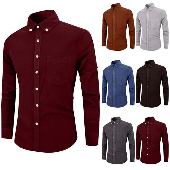 FRSASU Mens Corduroy Button Down Shirt Jackets Long Sleeve Retro Lapel Shirt Outerwear Casual Ribbed Work Tops with Pockets Wine