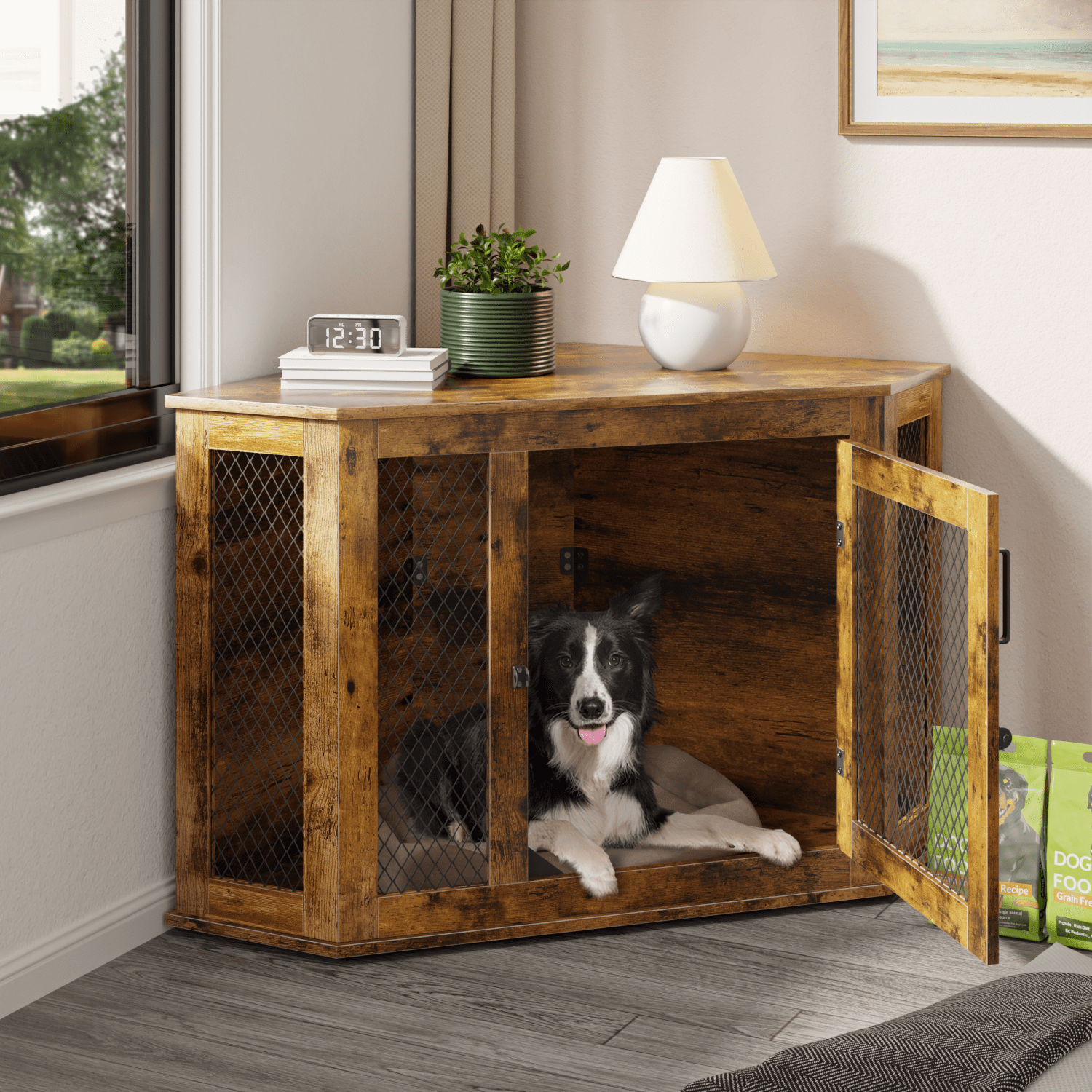 Bossin 52"Corner Dog Crate Furniture，Wooden Dog Kennel Indoor Furniture，Decorative Dog Crate, Dog Kennel TV Stand End Table for Small to Large Dogs