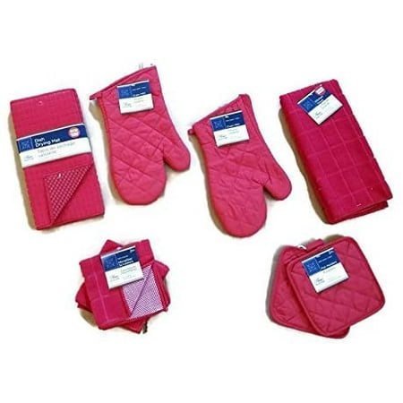 

Red Kitchen Linen Bundle Package Oven Mitts (2) Pot Holder (2) Kitchen Towel (1) Dish Cloths (2) Dish Drying Mat (1)