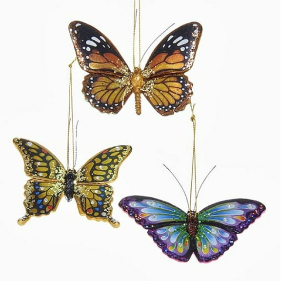 Kurt Adler GLITTERED BUTTERFLY ORNAMENT - 3 ASSORTED: YELLOW, ORANGE AND PURPLE