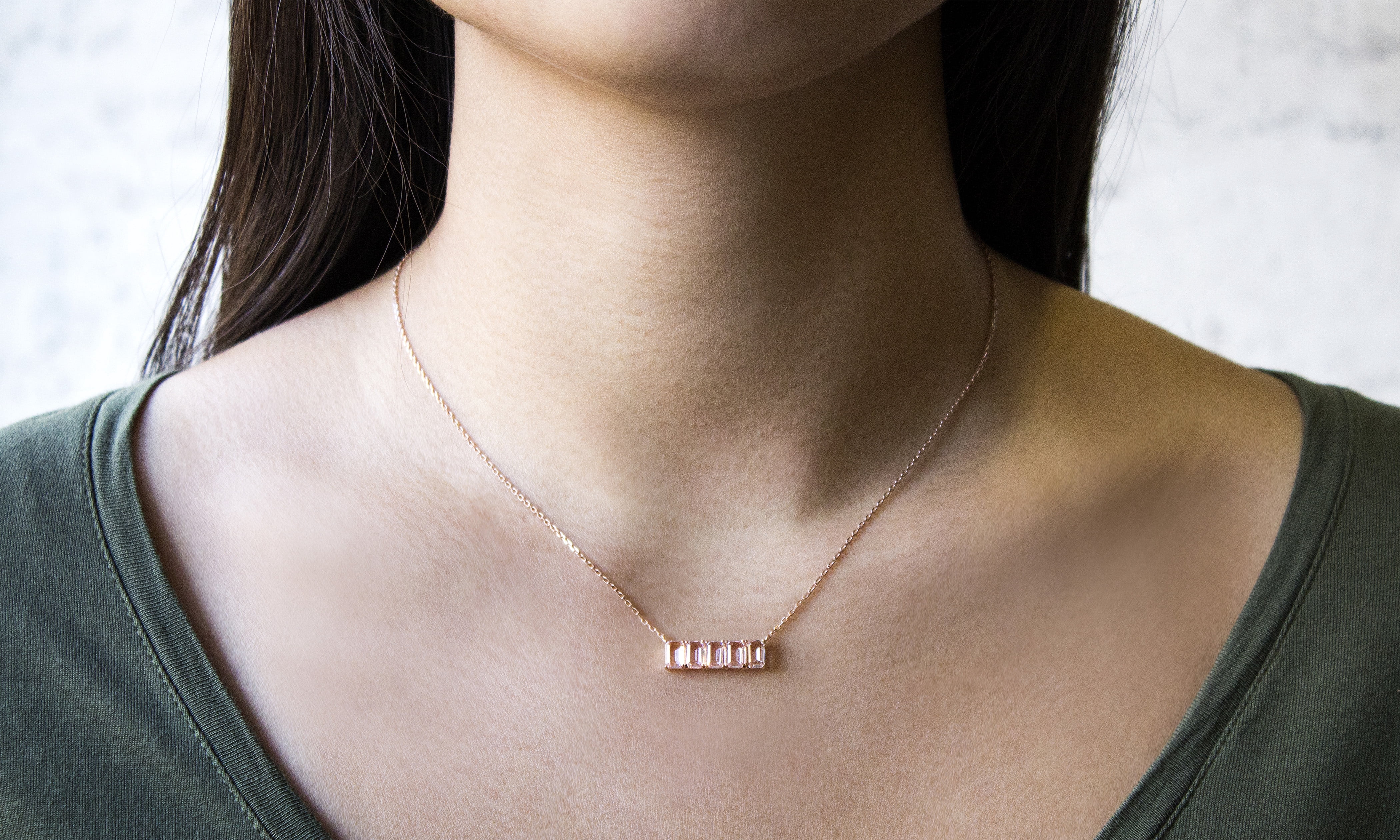 Lesa Michele 5 Baguette Cut Simulated Morganite Cubic Zirconia Rectangle Station Pendant Cable Chain Necklace in Rose Gold over Sterling Silver