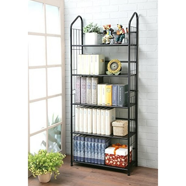 black five tier metal bookshelf rack