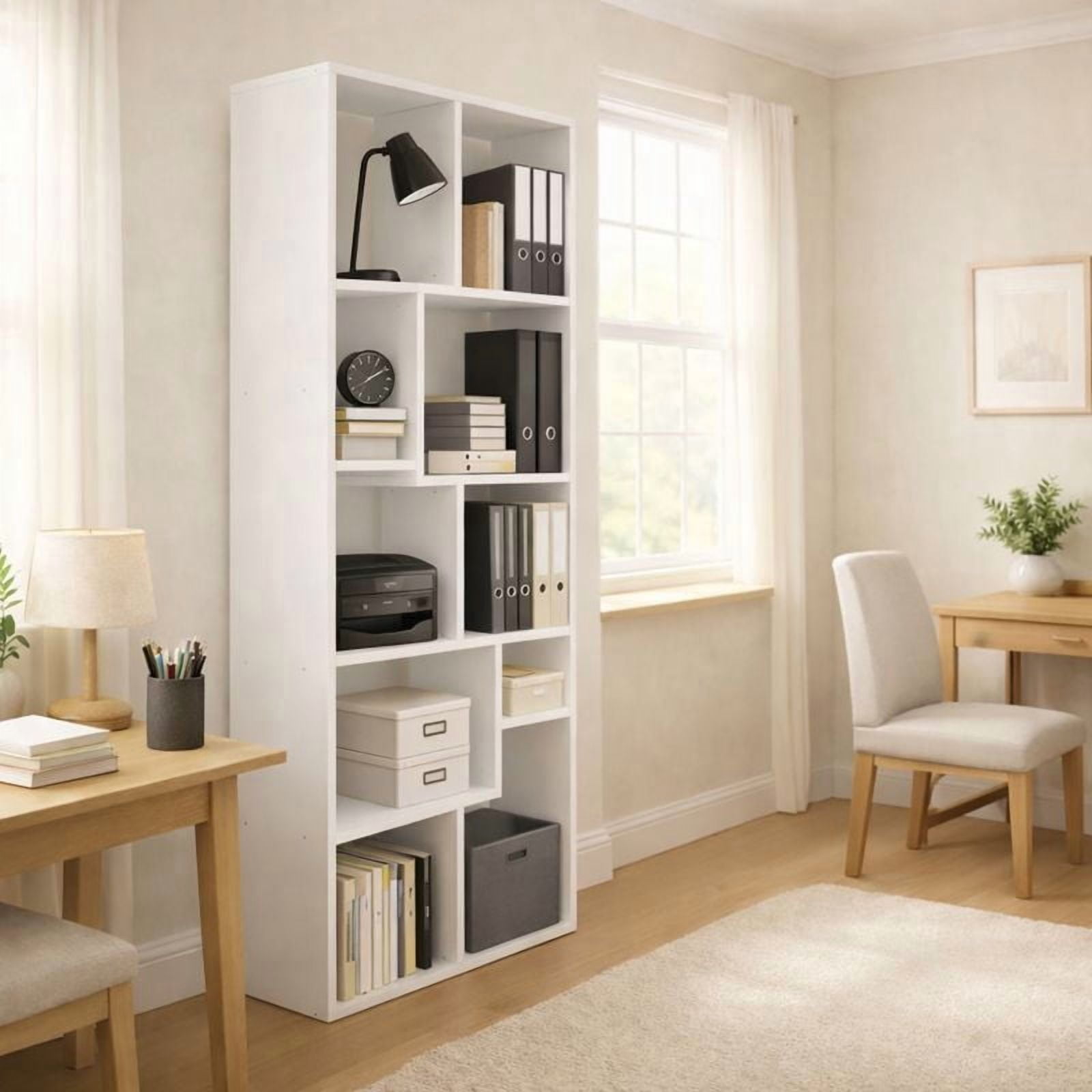 5-Tier Asymmetrical Display Shelf Bookcase, Modern Geometric Staggered Cube Storage Shelving Unit, White Freestanding Accent Shelf for Living Room Bedroom Home Office