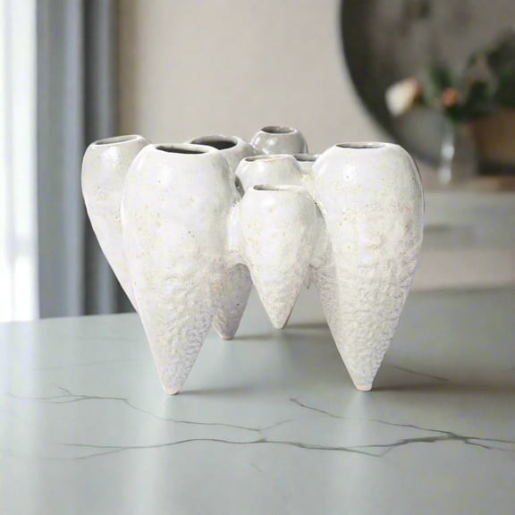 Ceramic Cluster Organic Multisize Vases with Spike Banded Curled Bottom Design Distressed Finish Ivory