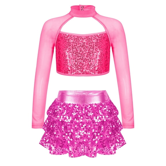 TiaoBug Kids Girls Sequins Jazz Hip Hop Dance Outfits Long Sleeve Cutout Crop Top Tutu Skirts Modern Dancewear Hot Pink 14