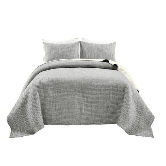 Solid Kantha Pick Stitch 3-Piece Yarn Dyed Cotton Woven Quilt/Coverlet Light Gray/Off White King Set