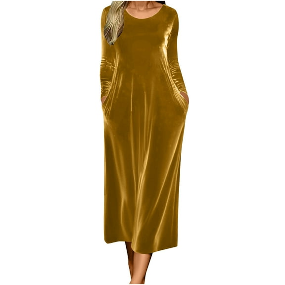 Women's Long Sleeve Gold Velvet Dress Solid Color Round Neck with Pockets Flowy Maxi Skirt Elegant Winter Fall Formal Casual Daily Party Outfit Yellow M