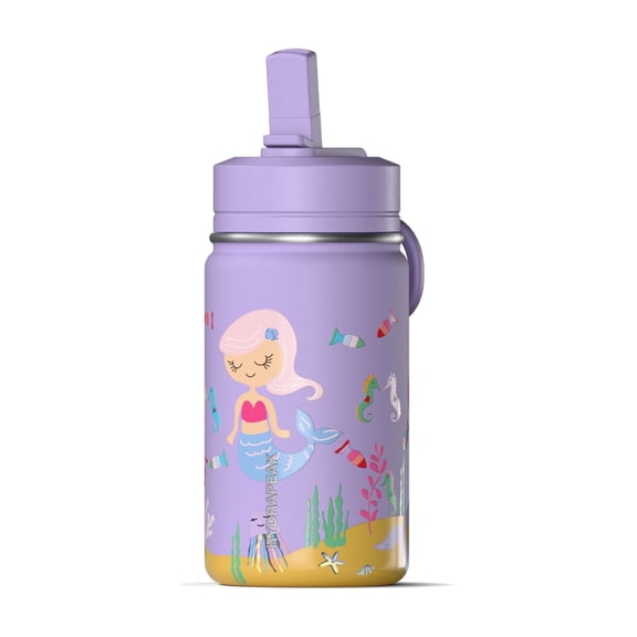Hydrapeak Mini 14oz Fun Sticker Print Water Bottle with Straw Lid, Stainless Steel Double Wall Insulated Water Bottle, Leak-Proof and Spill-Proof Water Bottle, Sandmaid