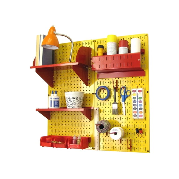 Wall Control Pegboard Hobby Craft Pegboard Organizer Storage Kit with Yellow Pegboard and Red Accessories