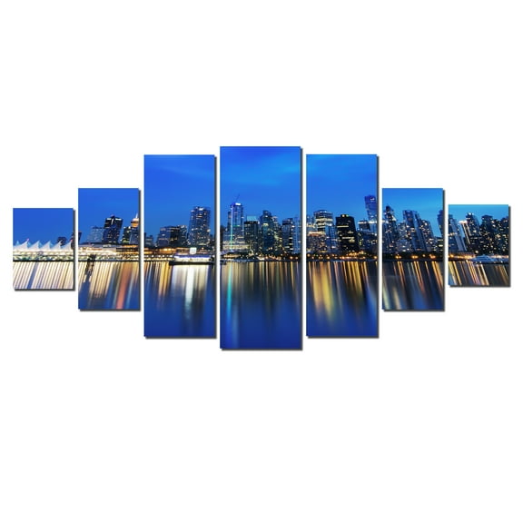 Startonight Huge Canvas Wall Art City Lights Reflection, USA Large Home Decor, Dual View Surprise Artwork Modern Framed Wall Art Set of 7 Panels Total 39.37 x 94.49 inch