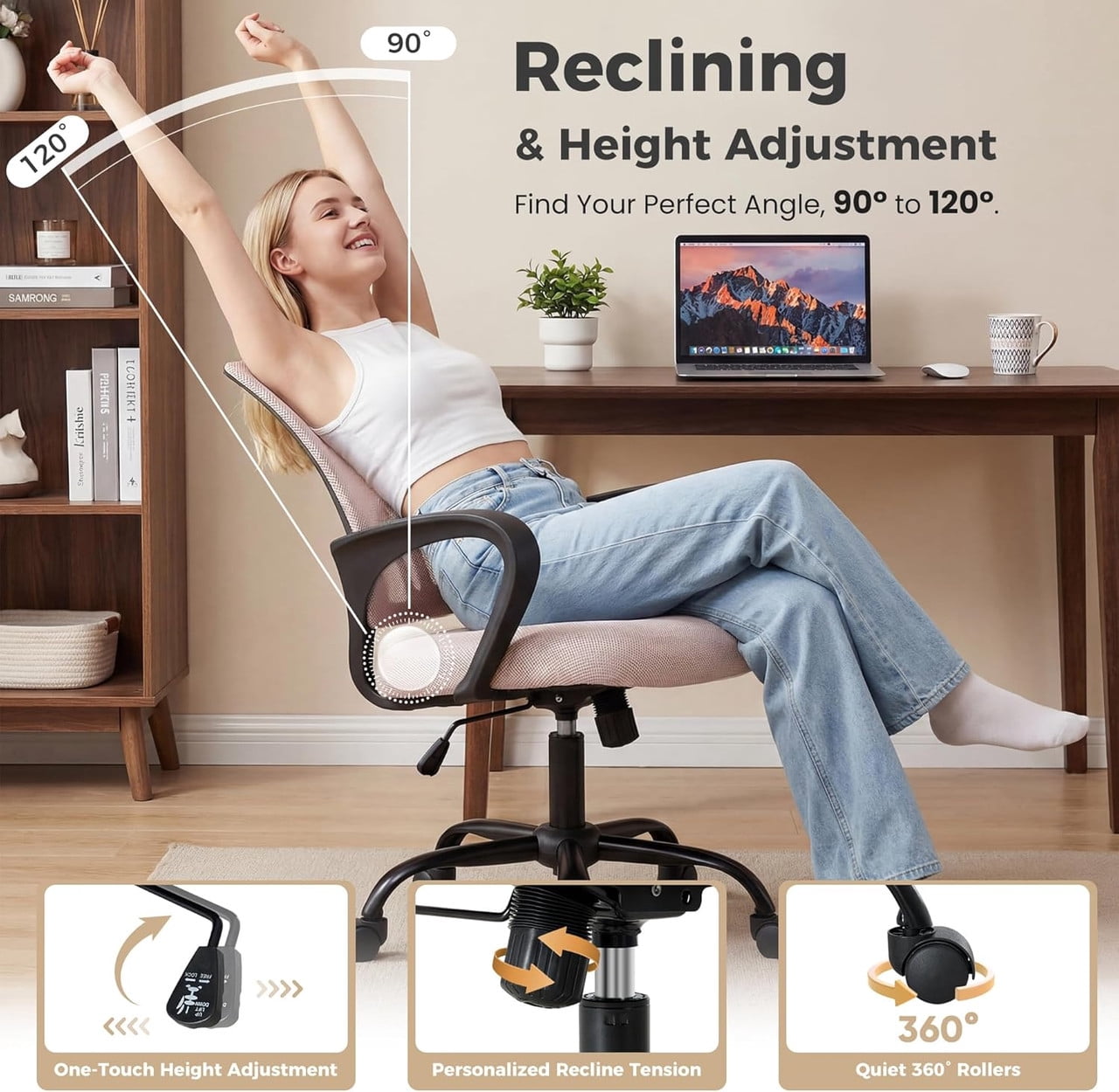Simenmax Ergonomic Mid Back Office Chair, Pink Mesh Computer Desk Chair with Lumbar Support, Rocking Mode for Home Office