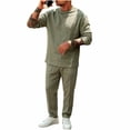 thumbnail image 3 of PNTUTB Fall Winter Men's Solid Color Outfit Sets Crew Neck Long Sleeve Top Elastic Waist Drawstring Pant Two Piece Set Loose Comfort Daily Casual Sets, 3 of 7