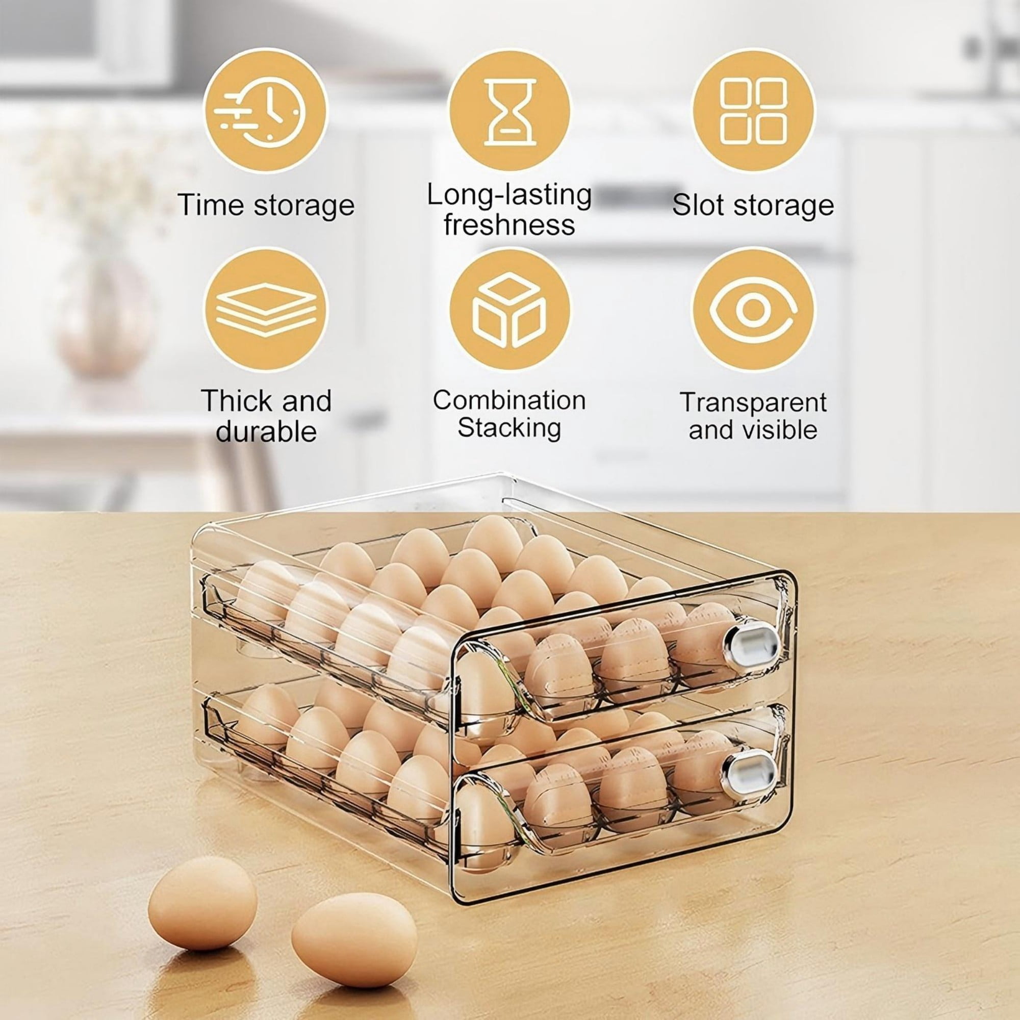 YHIPL 60-Eggs Holder for Fridge, 2 Tier Clear Stackable Egg Container for Refrigerator with Lid & Handles, Egg Holder Suitable for Refrigerator and Kitchen Storage