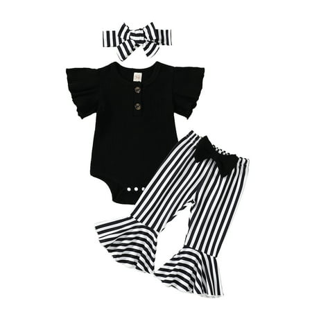 

Bagilaanoe 3pcs Newborn Baby Girl Long Pants Set Flying Sleeve Romper Tops + Flare Trousers + Headband 3M 6M 12M 18M Infant Casual Outfits