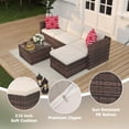 thumbnail image 5 of 5 Piece Deck Patio Furniture Set Outdoor Rattan Parlor Sofa Set All Weather Sectional Sofa with Glass Storage Table and Balcony Footstool Non-Slip Cushions Poolside Garden Porch Brown + Beige, 5 of 7