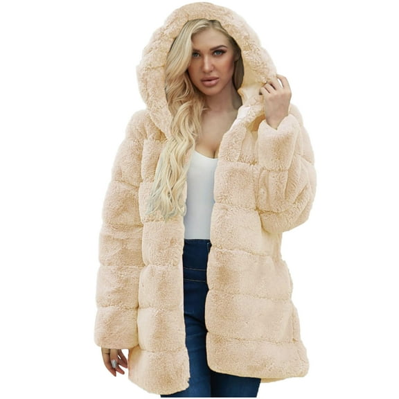 Qetyuw Womens Faux Fur Coat Winter Long Sleeve Hooded Jacket Chunky Casual Open Front Cardigan Coat