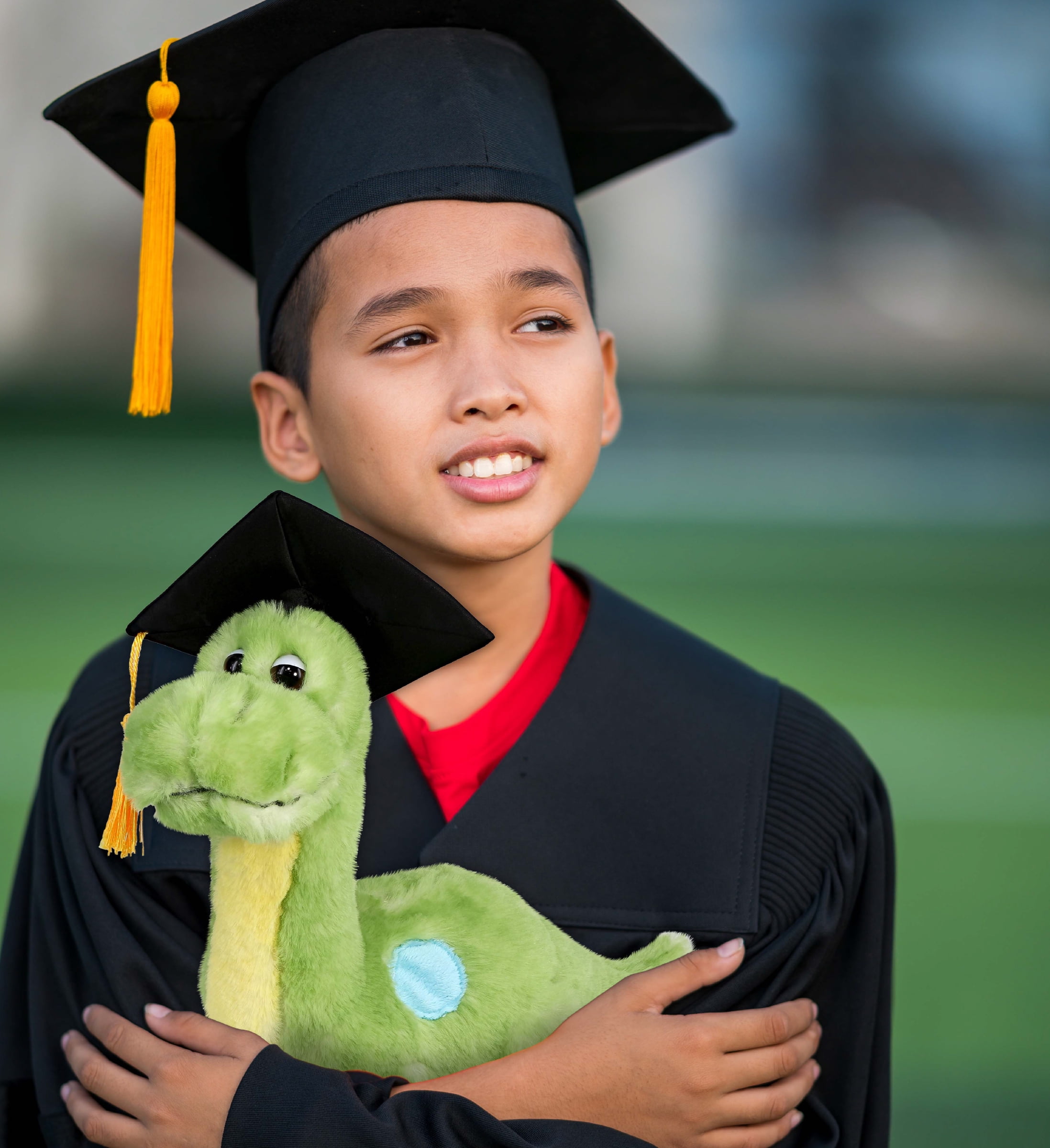 DolliBu Green Dinosaur Graduation Plush Toy - Super Soft Plush Graduation Stuffed Animal Dress Up with Gown & Cap with Tassel Outfit - Congratulatory Graduation Gift - 10 Inch