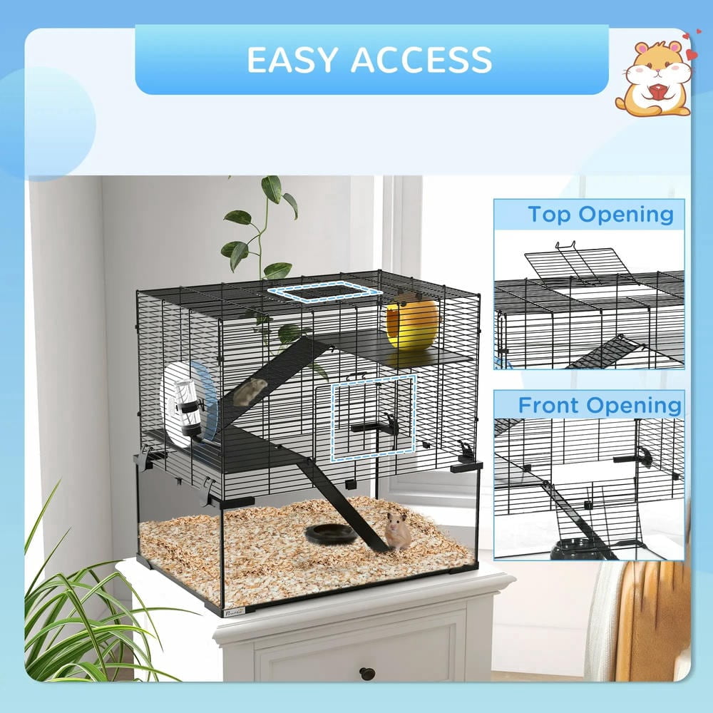 Spaco 23.5" Hamster Cage, Gerbil Cage with Glass Basin, Pet Cage for Small Hamsters, Black