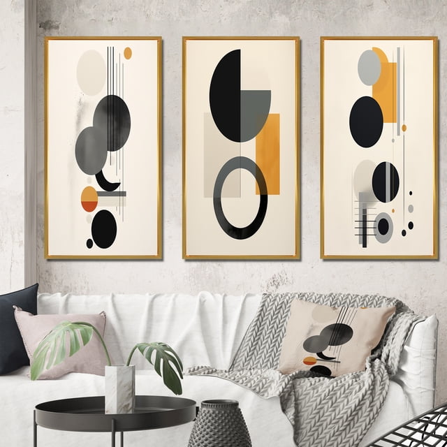 Designart "Minimal Circular Geometric Art V" Modern Geometric Framed Wall Art Set Of 3 - Beige Abstract Frame Canvas Set For Living Room Decor