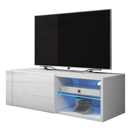 Best Modern TV Stand Matte Body High Gloss Doors LEDs, White, 39